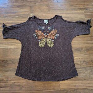 L&S Boho Chic Butterfly Cold Shoulder Comfy Knit Soft Stretchy Brown Tunic Top